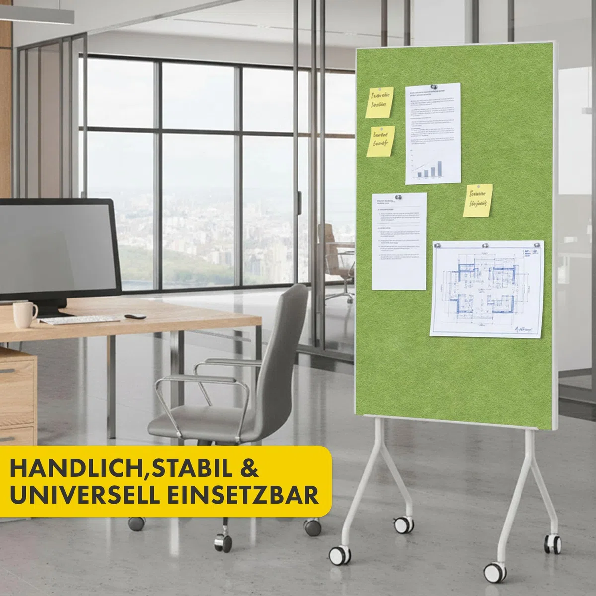 OfficeMarshal Moderationwand Doppelseitig 80 x 120 cm Präsentationstafel mit feststellbaren Rollen - Filztafel Pinnwand - Stabiler Metallrahmen - Giant (Grün)