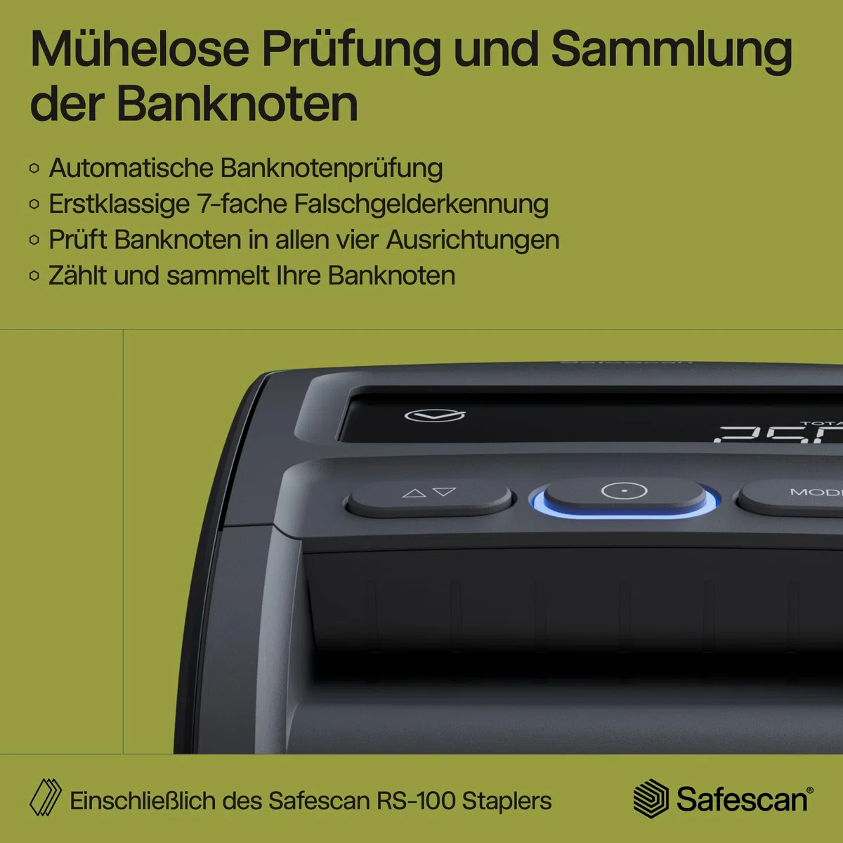 Safescan 155-S & RS-100 automatischer Geldscheinprüfer zur schnellen Überprüfung von Geldscheinen - Falschgeldprüfgerät mit 7-facher Echtheitsprüfung - 100% genaues Prüfgerät inkl. Banknotenstapler