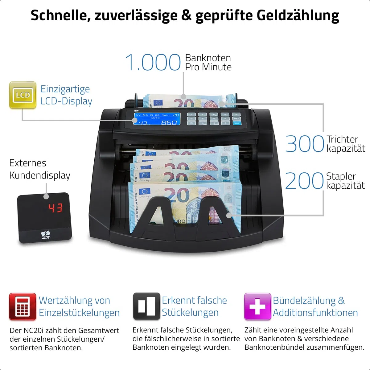 ZZap NC20i Banknotenzähler & Falschgeld-Detektor - Geldzählmaschine Geldzähler Banknotenzählmaschine