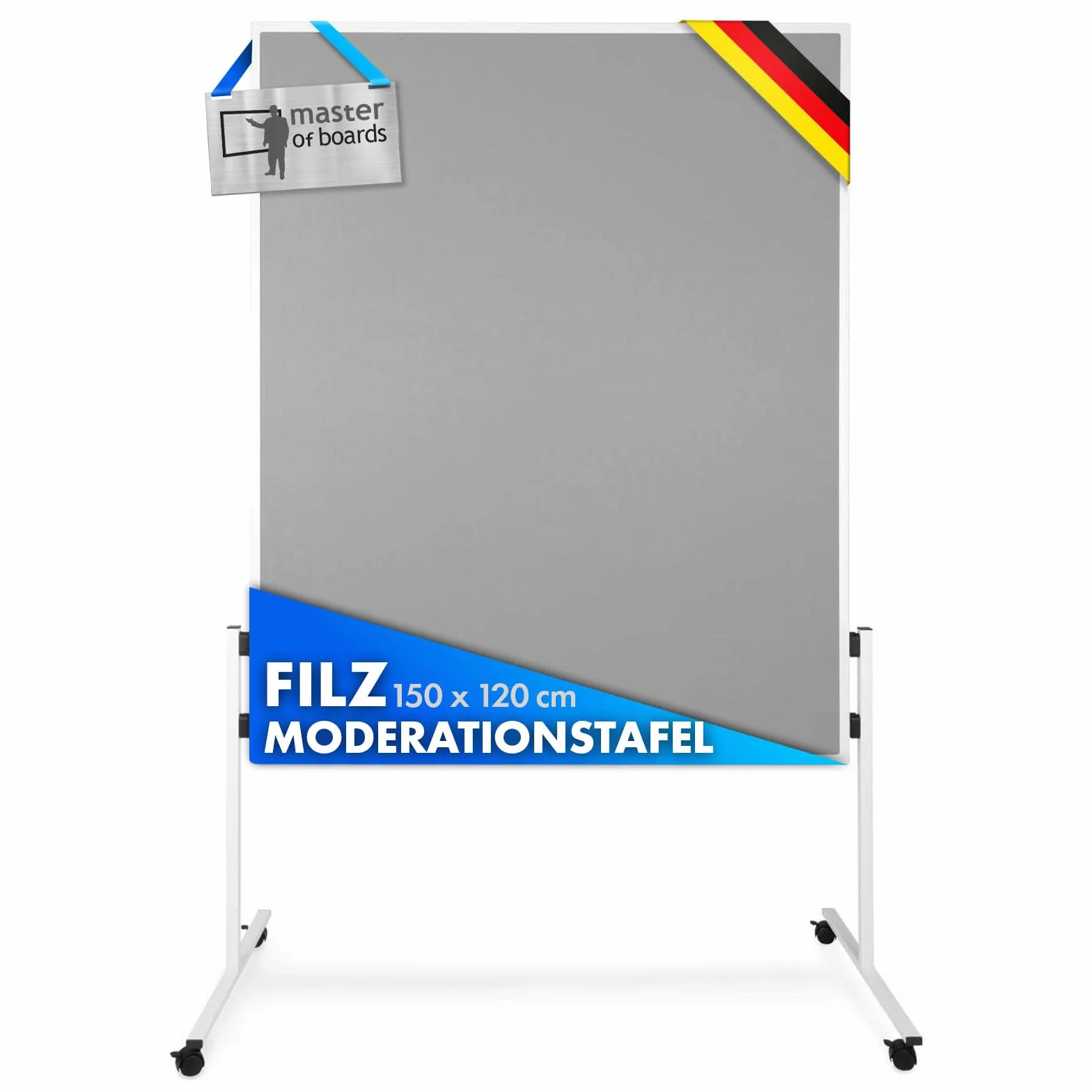 Master of Boards Moderationstafel Filz - Pinntafel für Projektarbeit und Meetings doppelseitig benutzbar - Mobiles Pinnboard mit Rollen - Höhe: 185 cm ausziehbar bis 200cm Breite 120cm - Farbe Grau