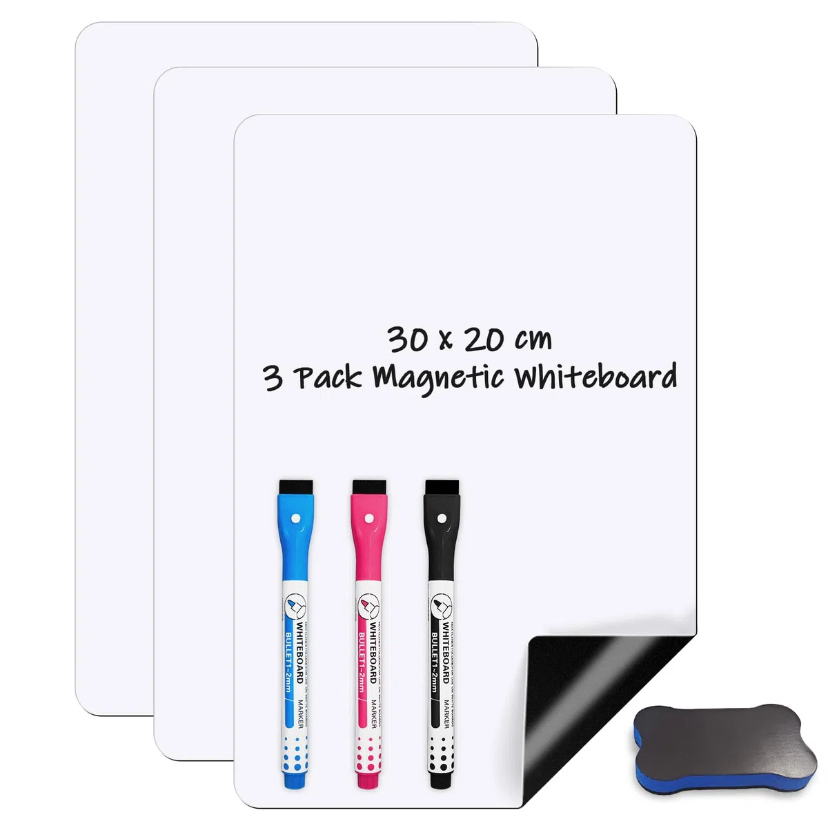 3 Stück Mini Magnetisches Whiteboard für Kühlschrank 30x20cm | Abwischbare A4 Magnetfolie für Küche u. Familie. Zuschneidbarer Wochenplaner. Inkl. 3 magnetische Stifte, 1 Schwamm