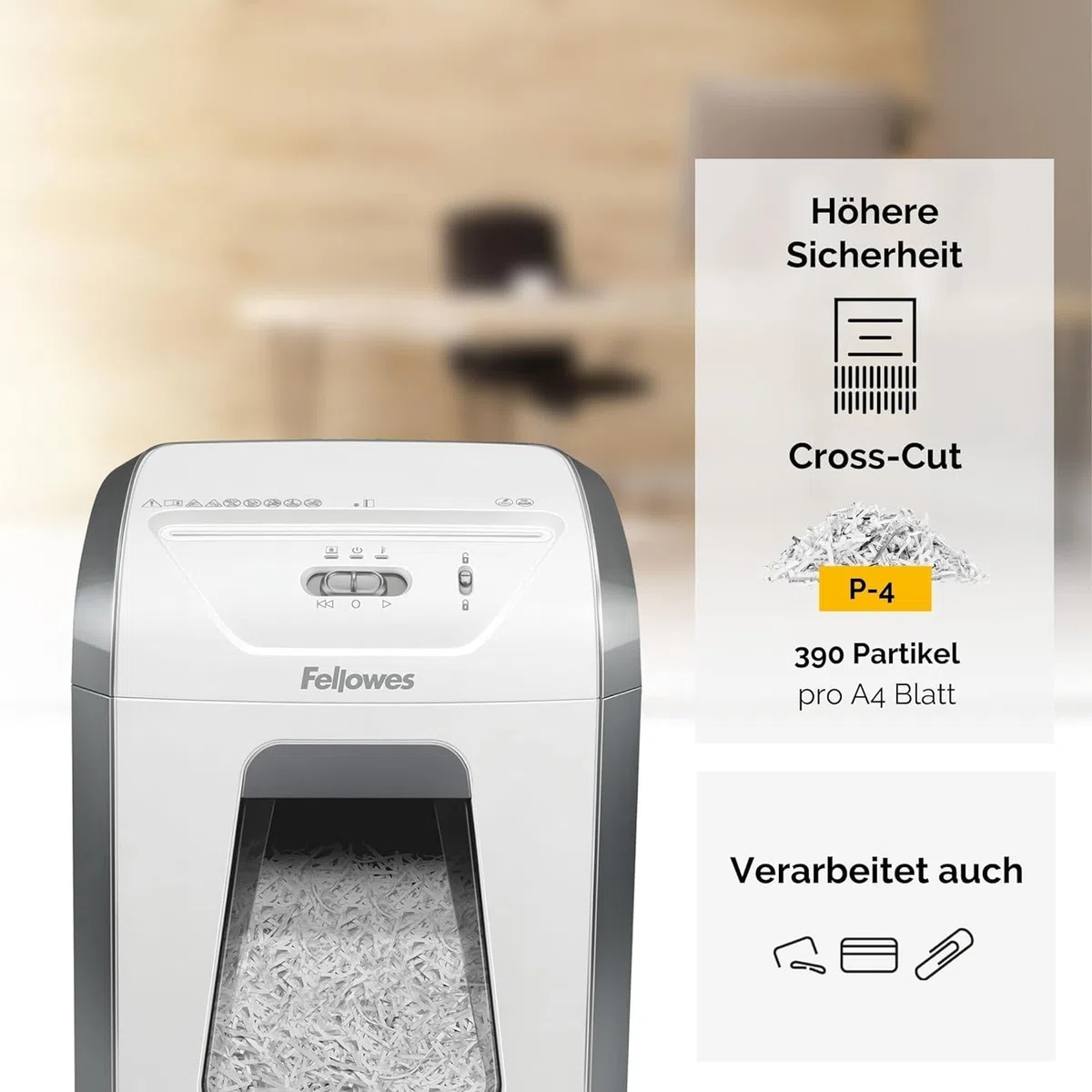 Fellowes Aktenvernichter, Papierschredder für 12 Blatt Partikelschnitt, Aktenvernichter P4, Schredder für Büro und Homeoffice, Powershred FS-12C, mit 19L Papierkorb, verarbeitet Kreditkarten, Weiß