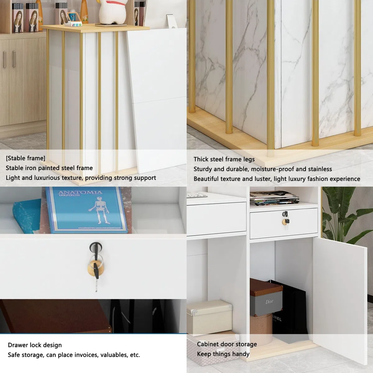 Empfangstheke Modern mit Stauraum und Schubladen, Rezeptionstresen für Büro, Salon, Hotel, Laden oder Messe, Empfangstisch und Kassentheke, Kompakter Rezeptionstisch für Empfangsbereich