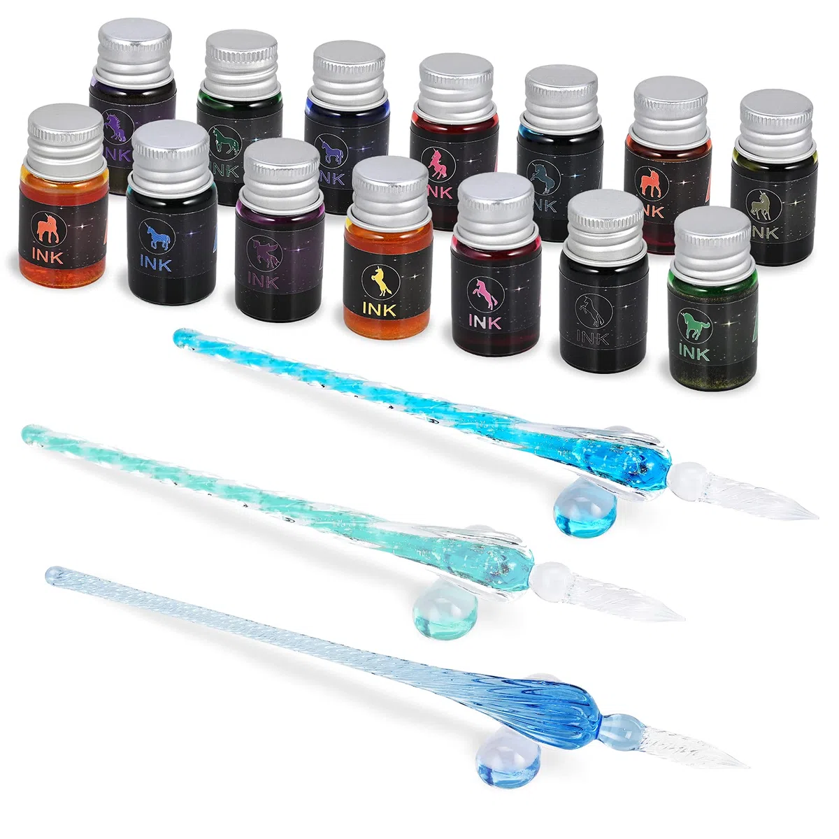 GOLDGE Federhalter aus Glas, 19PCS Glasstifte Set Kalligraphie Glasfederhalter mit Glasstifte Bunte Tinten Glasstifthalter Stifthalter für Unterschrift Handschrift Dekorationsgeschenk