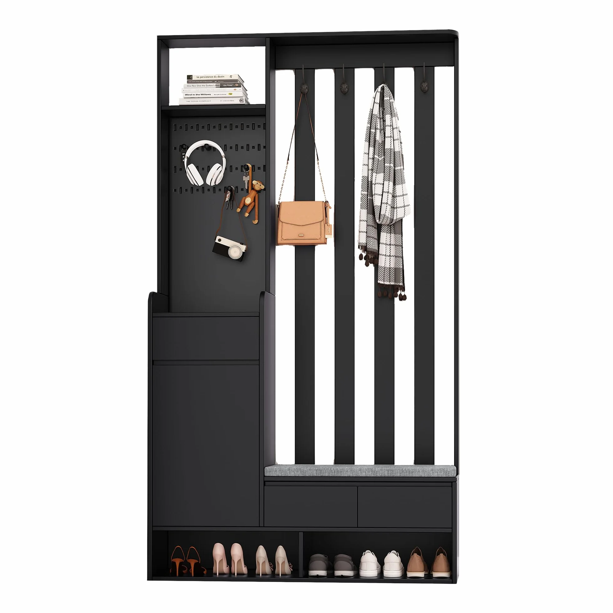 Multifunktionaler Flur-Schuhschrank mit Stecktafel,Flurgarderobe mit gepolsterter Aufbewahrungsbank,Moderne Garderobe mit 4 Haken für Eingangsbereich, Waschküche,H180/B100/T35 cm (Schwarz)