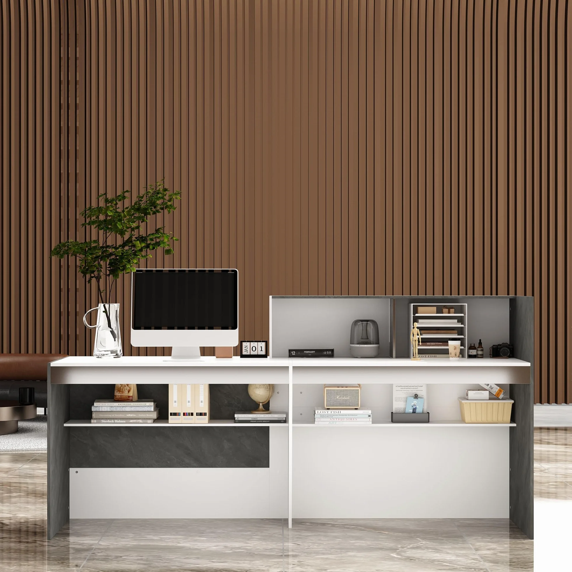 Empfangstheke, Großraum-Empfangstresen, Rezeption mit 6 Ablageflächen, Rezeptionstheken, Ladentheke, Verkaufstheke mit Tastaturschublade, Rezeptionsmöbe, MDF, 220x60x110cm, weiß + Steinfarben
