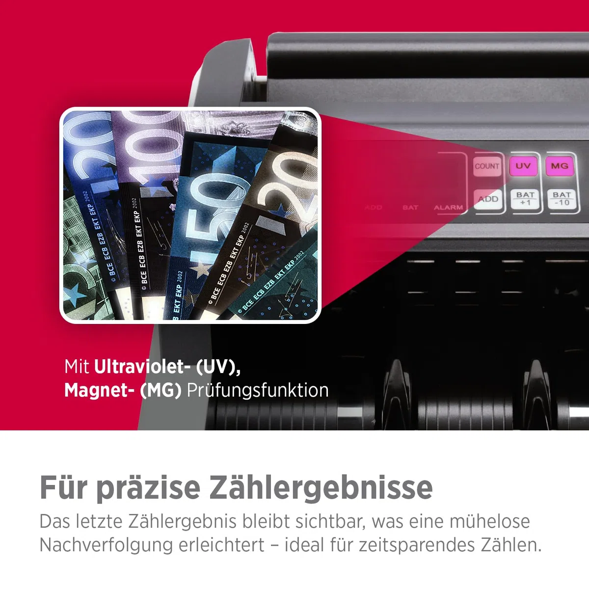 Olympia NC 452 Akku Geldzählmaschine & Geldscheinprüfer | Falschgeld Prüfer | Geldzählmaschine Scheine | Banknotenzähler mit UV MG Sensoren | LCD Display | Zählmaschine für Geldscheine & Banknoten
