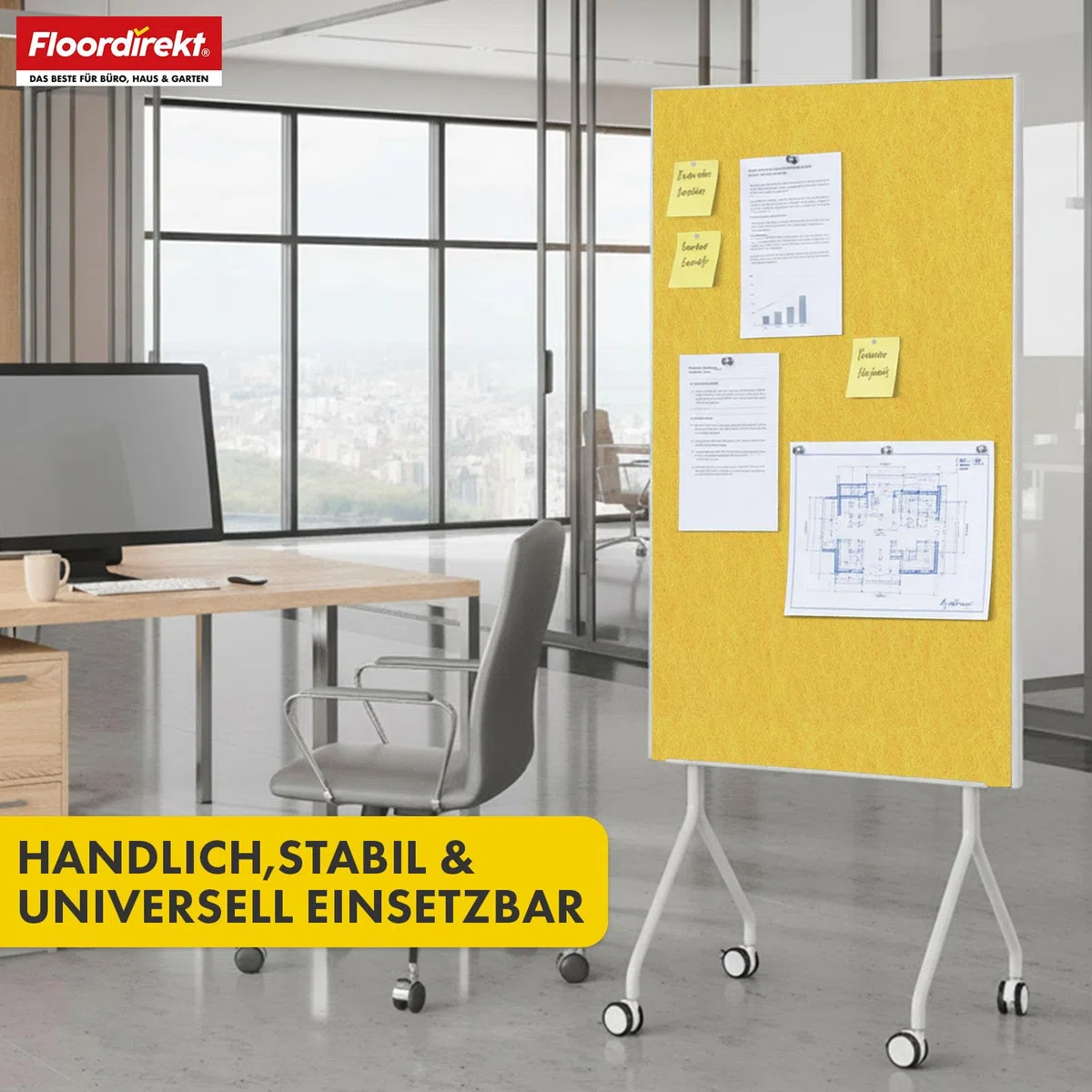 Floordirekt Moderationwand Doppelseitig 80 x 120 cm Präsentationstafel mit feststellbaren Rollen - Filztafel Pinnwand - Stabiler Metallrahmen - Giant (Gelb)