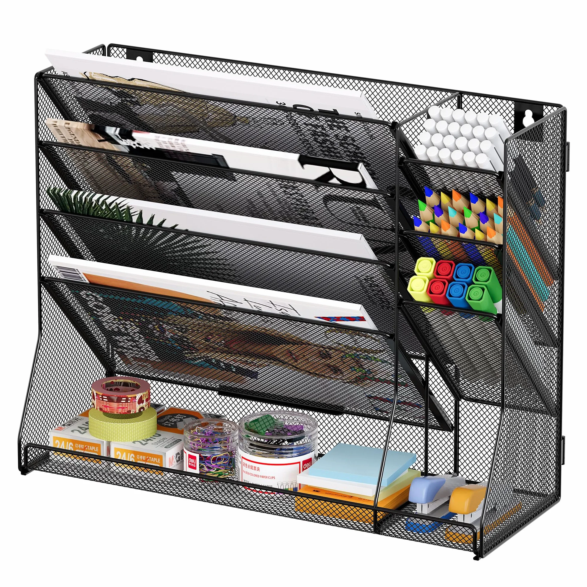TQVAI 5 Fächer Metall Zeitschriftenhalter Wand Dokumenten Organizer mit 3 Stiftehalter A4 Papier Flyerhalter Postsortierer Dokumentenablage für Büro Zuhause Schule, Schwarz
