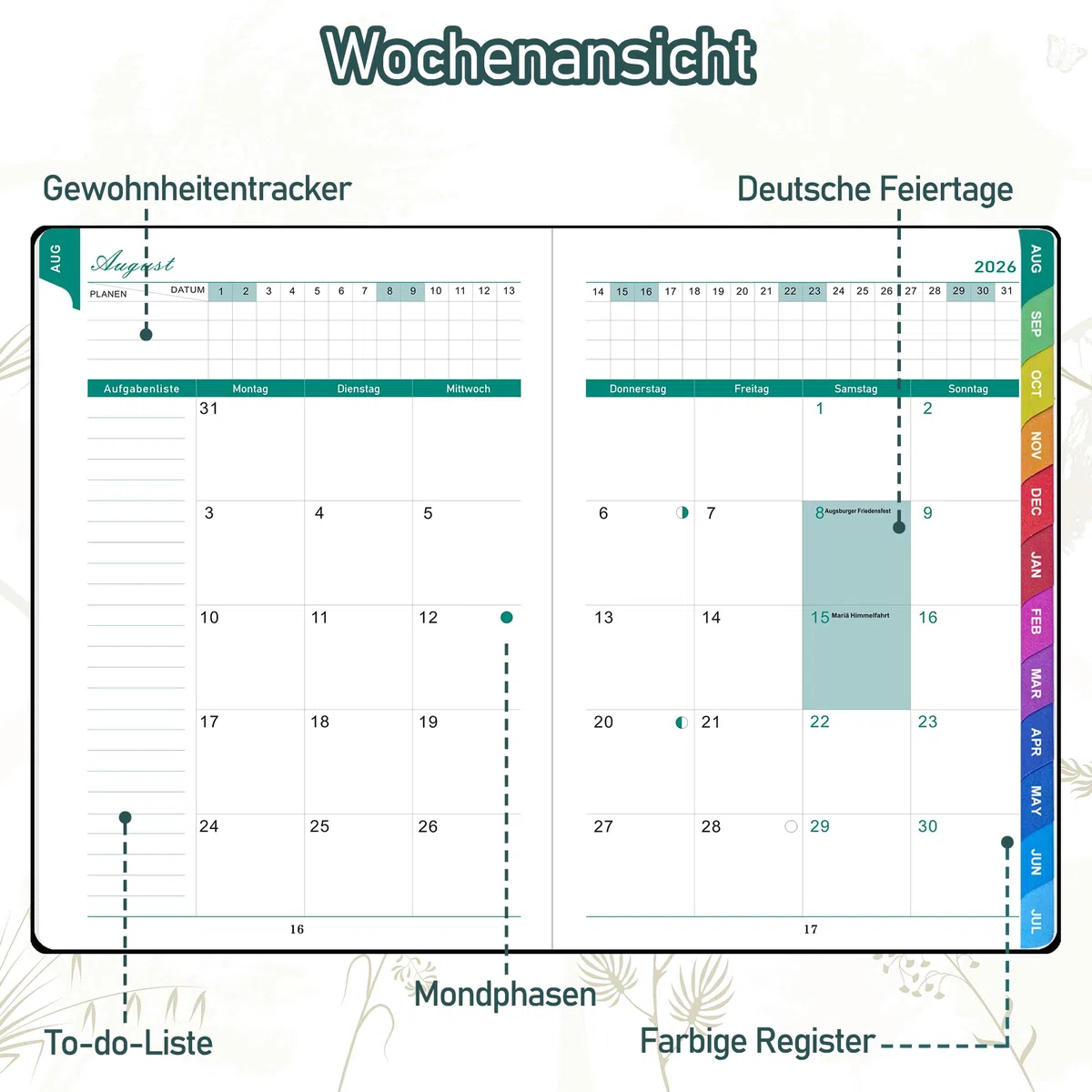 ZXHQ Lehrerkalender 2026–2027 A5+, Lehrerplaner/Wochenplaner für Lehrer und Schule, Hardcover, 208 Seiten, Farbig Gestaltete Innenseiten & Monatsregister, Mit Innentasche, 16,5 x 22 cm, Salbeigrau