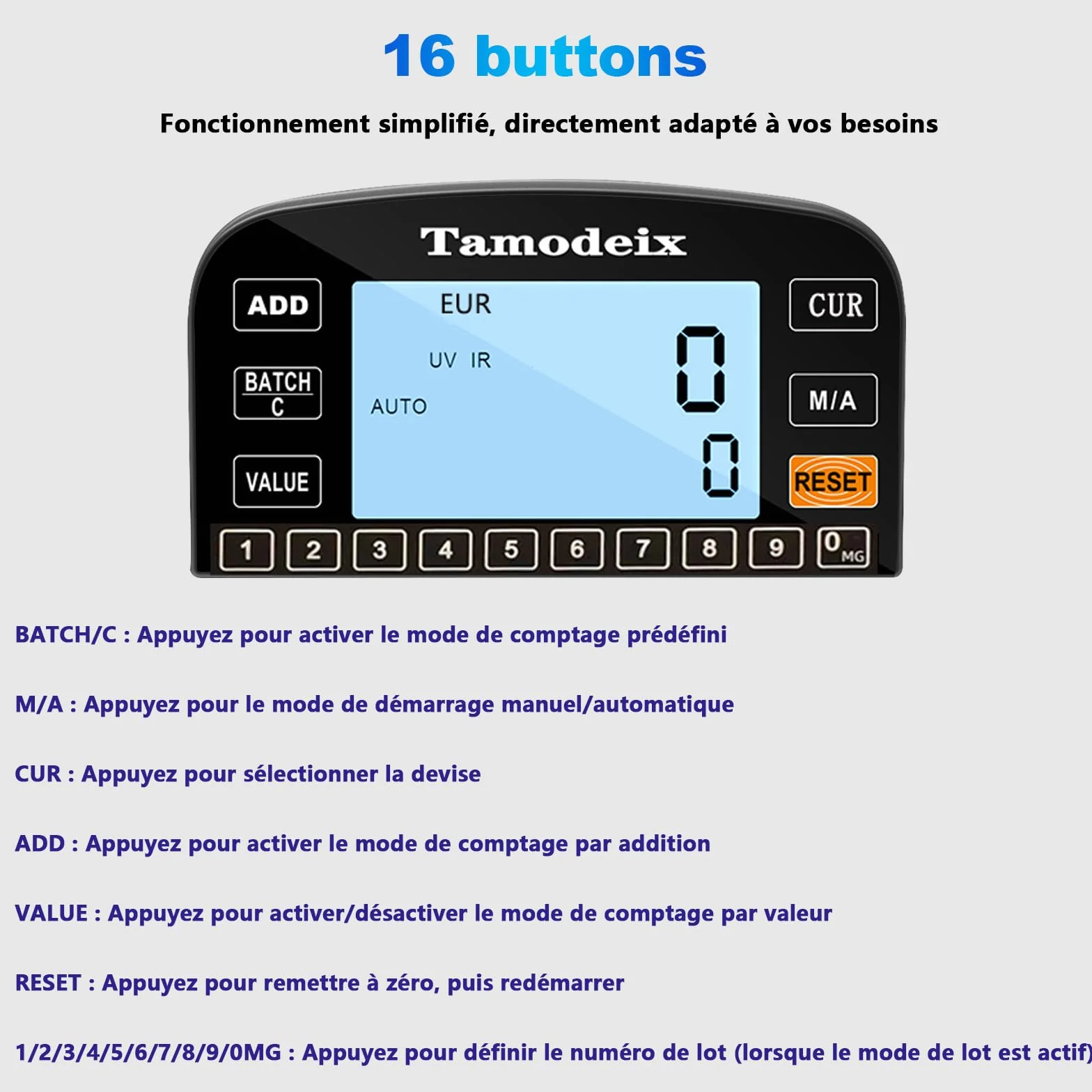 Geldzählmaschine, EUR USD GBP-Geldzähler, UV/MG-Erkennung, 1000 Blatt/min, LCD-Display, 2 Jahre Garantie, Kann gemischte Noten nicht zähle NX-270