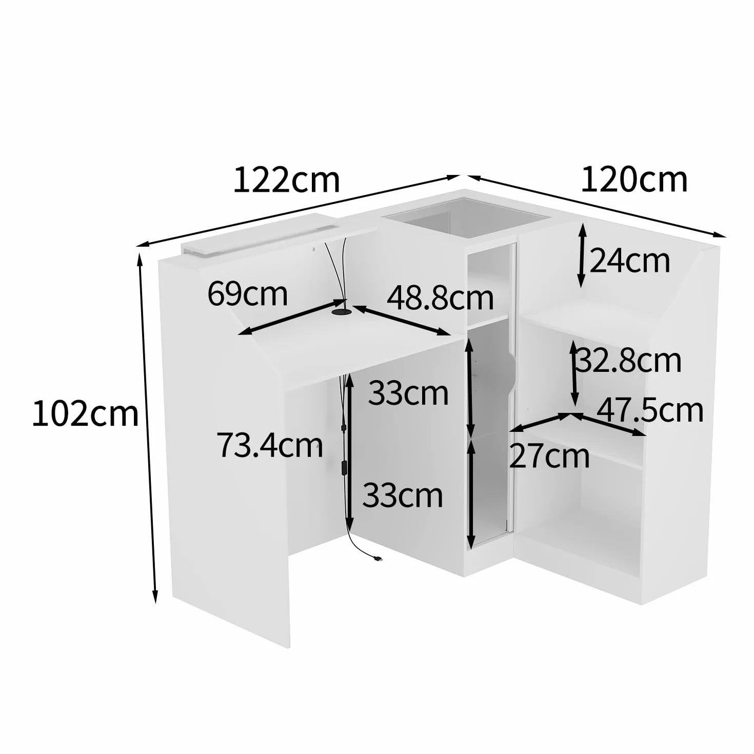 Weißer Eck-Empfangstheke,Eck-Empfangstisch mit Tastaturschublade und 2 Schränken, Empfangstresen mit Lichtleisten, Empfangstresen mit gehärteter Glasplatte, Rezeptionstisch,120 x 122 x102 cm