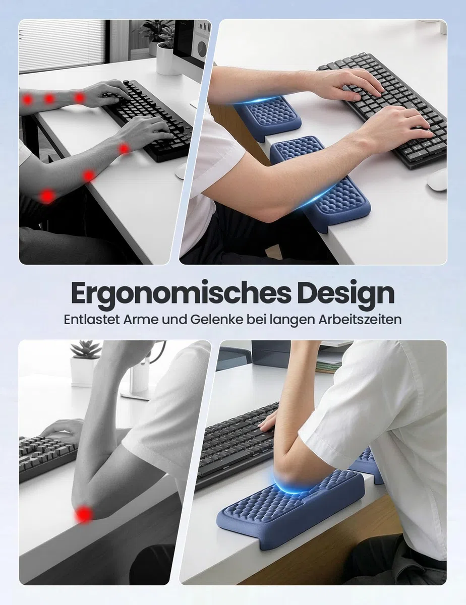 VAYDEER L-förmige Armauflage für Schreibtischkante, 2er Set Ergonomische Ellbogen- & Handgelenkauflage aus Memory-Schaum, Rutschfeste Unterarmstütze für Büro, Homeoffice & Gaming – Blau