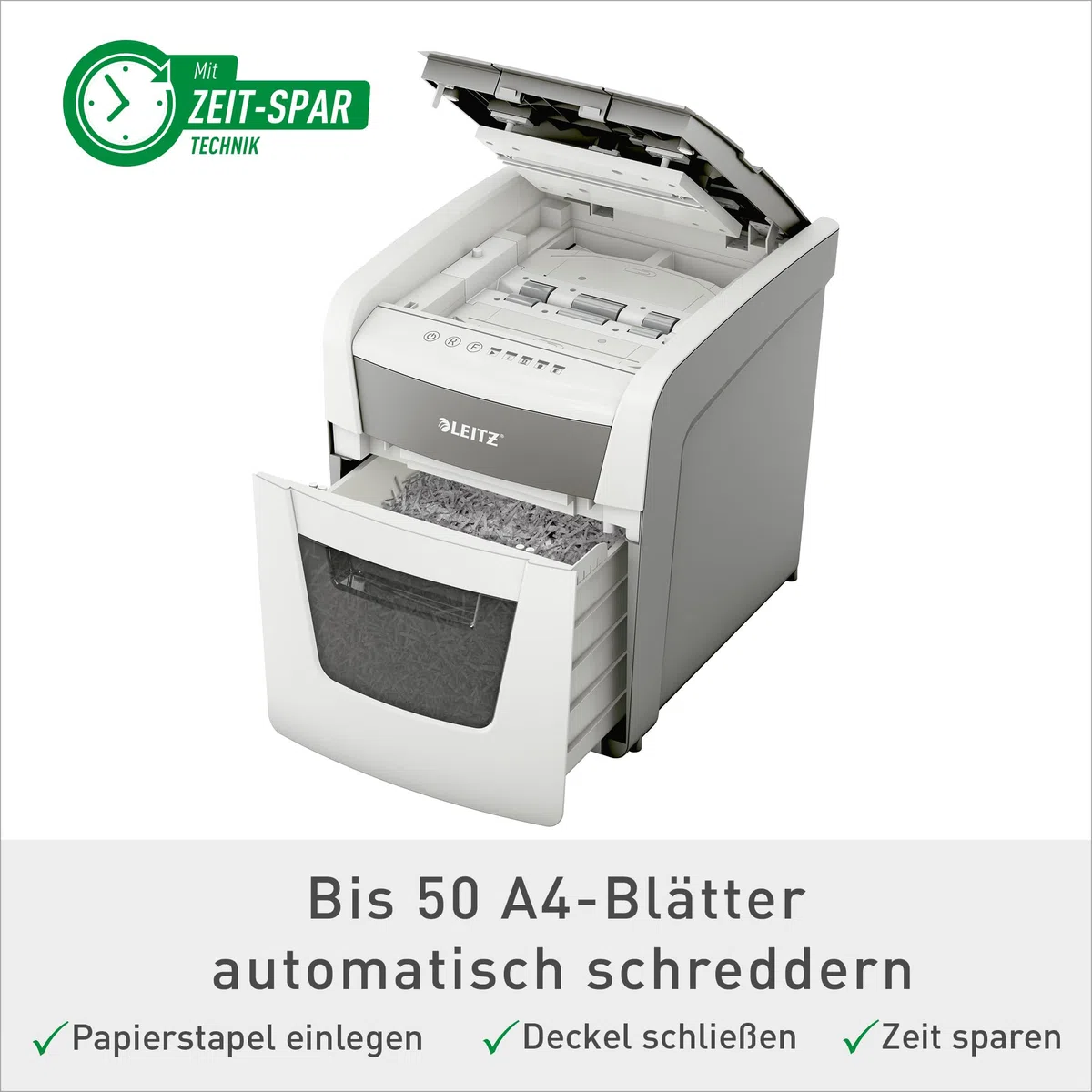 Leitz IQ Autofeed Small Office Aktenvernichter, 50 Blatt Papierstapel schreddern, Zeit sparen mit automatischem Einzug, Partikelschnitt P4, 20L Abfallbehälter, Leiser Betrieb für Büro, 80350000