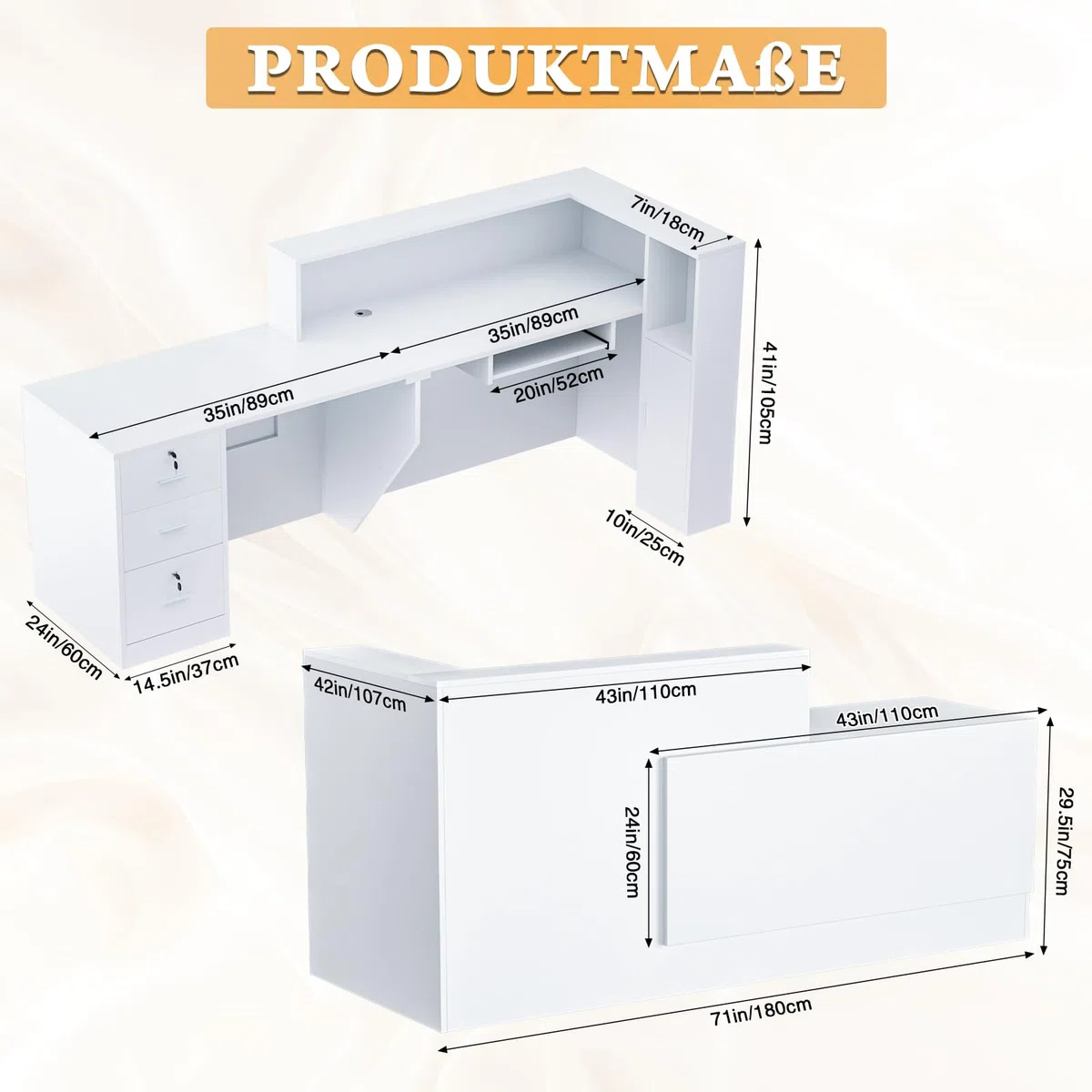 L-förmig Empfangstheke, 180CM x 107CM x 105CM Empfangstresen mit Ablagefächern & Schublade, Reception Desk für Büro, geeignet für Salons, Lobbys (Weiß, Linker Schrank)