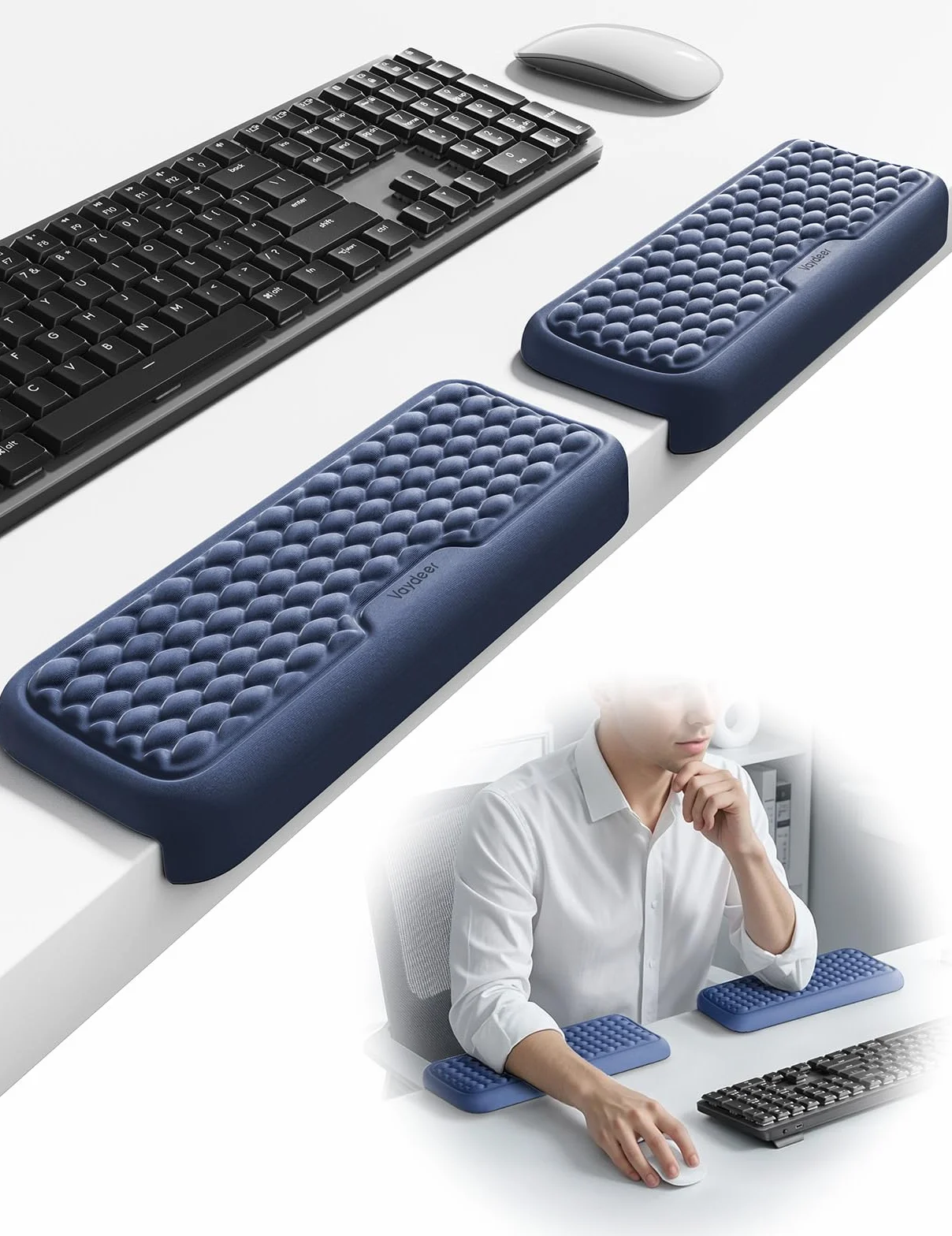VAYDEER L-förmige Armauflage für Schreibtischkante, 2er Set Ergonomische Ellbogen- & Handgelenkauflage aus Memory-Schaum, Rutschfeste Unterarmstütze für Büro, Homeoffice & Gaming – Blau