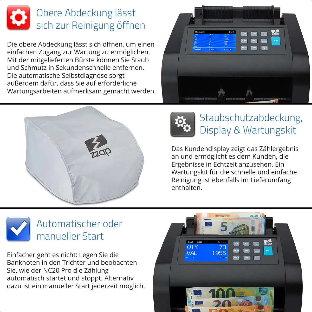 ZZap NC20 Pro Geldscheinzähler für gemischte Stückelungen & Falschgelddetektor - Geldzählmaschine Banknotenzählmaschine Geldzähler Wertzähler