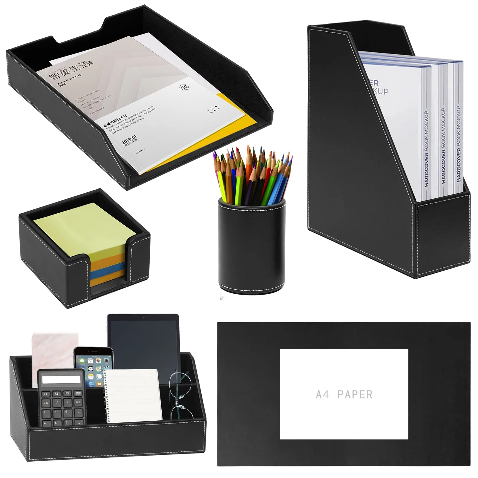 Büro Schreibtisch-Organizer,Luxus Leder Geschenk 6-teilig,inkl Schreibtischunterlage,A4 Leder Briefablage,Stiftebecher,Zeitschriftenhalter,Postfach,Nachrichtenfach,Schwarz