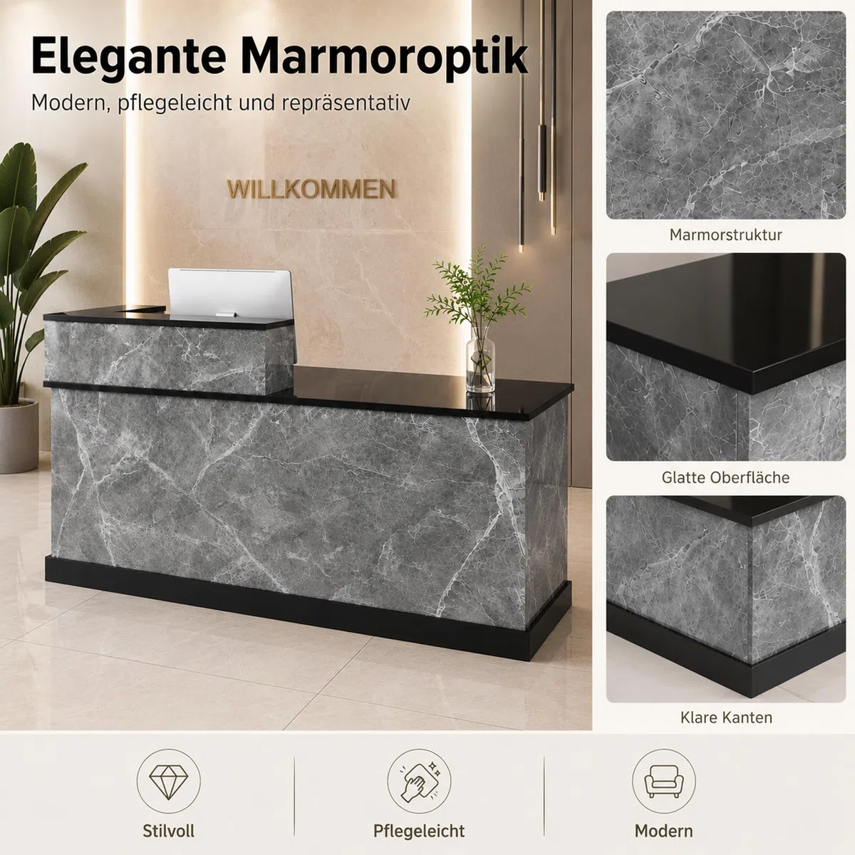 JSLJDM Empfangstheke 160 cm mit Stauraum, Moderne Theke in Marmoroptik, Empfangstresen für Büro, Praxis, Salon und Geschäft Left
