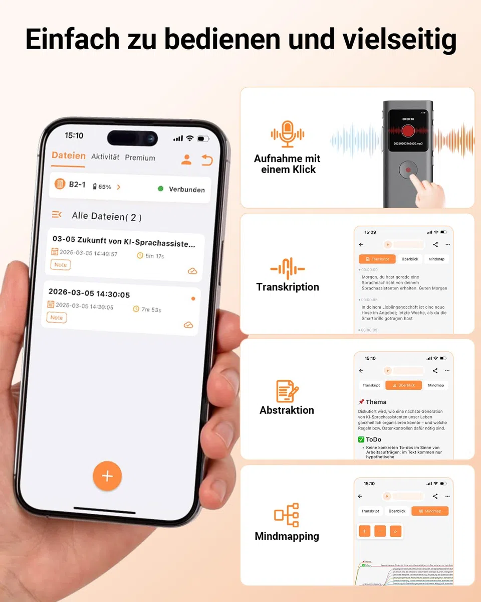 KI Digitales Diktiergerät, Transkribieren und Zusammenfassen, Sprachaktivierte Aufnahme mit Playback, 90+ Sprachen, 64 GB Speicher, One-Touch-Aufnahme, Für Vortrag/Interviews/Klassen