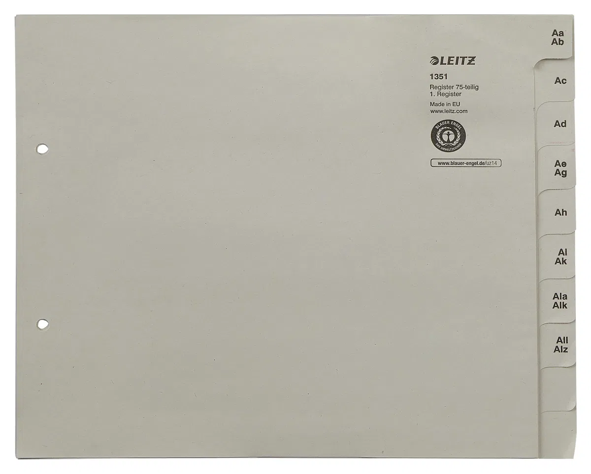 Leitz Register, Trennblätter mit Taben und alphabetischem Aufdruck A-Z für 75 Ordner, Halbe Höhe und Überbreite, Grau, 100% recyceltes Papier, Blauer Engel Siegel, 13510085