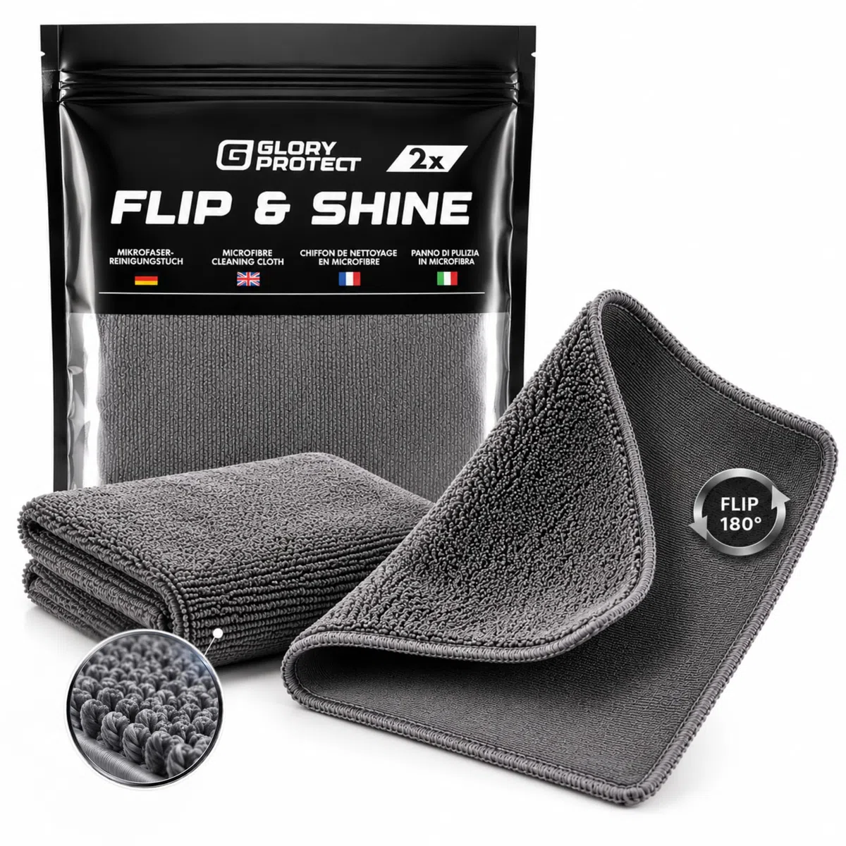 2er Set Premium-Mikrofasertücher Graphitgrau, Flip & Shine | 2 Profi-Tücher 30x30 cm mit Hochflor- & Polierseite | Ideal für Matte & hochglänzende Küchenoberflächen