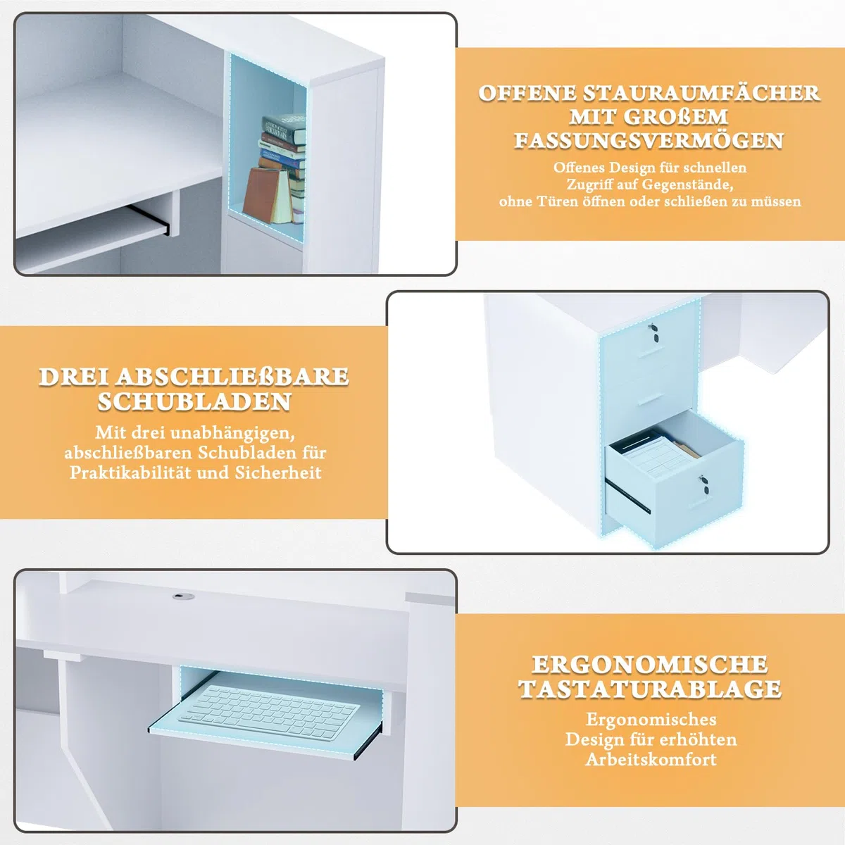 L-förmig Empfangstheke, 180CM x 107CM x 105CM Empfangstresen mit Ablagefächern & Schublade, Reception Desk für Büro, geeignet für Salons, Lobbys (Weiß, Linker Schrank)