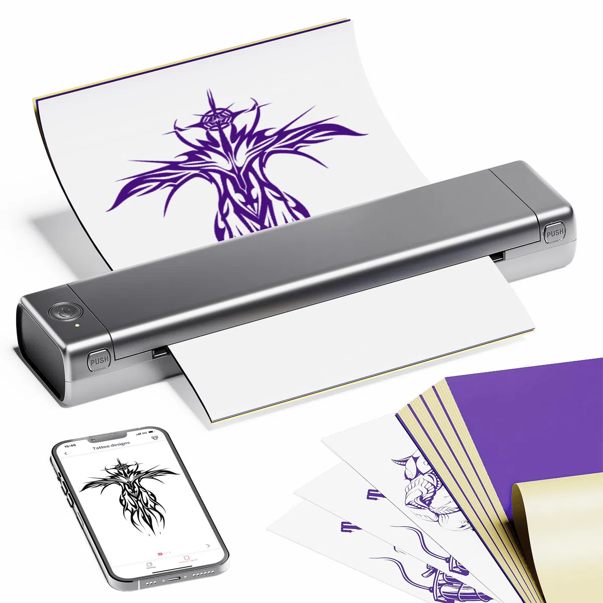 Tattoo Drucker Stencil Drucker mit 10 Blatt Stencil Papier für Tattoo Maschine Set, Thermodrucker Tattoo Kompatibel mit IPad & Telefon & PC für Tattoo Künstler und Anfänger DIY Tattoo, Silber