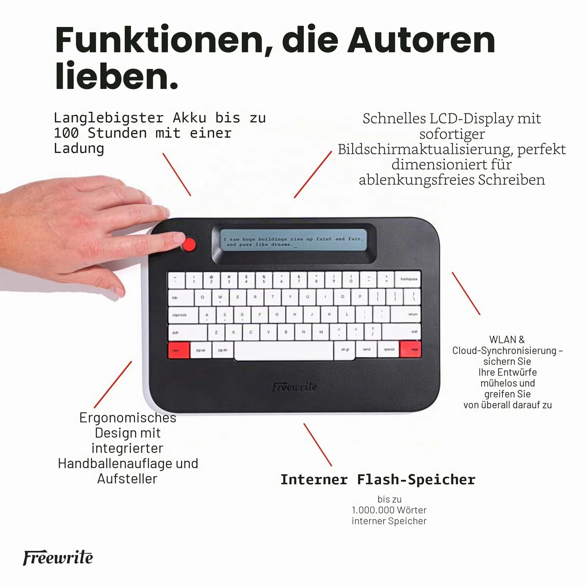 Freewrite Alpha | Tragbare digitale Schreibmaschine mit LCD-Display, langer Akkulaufzeit und Wi-Fi-Backup für Schreiber, ablenkungsfreies Textverarbeitungsgerät, elektronische Schreibmaschine mit