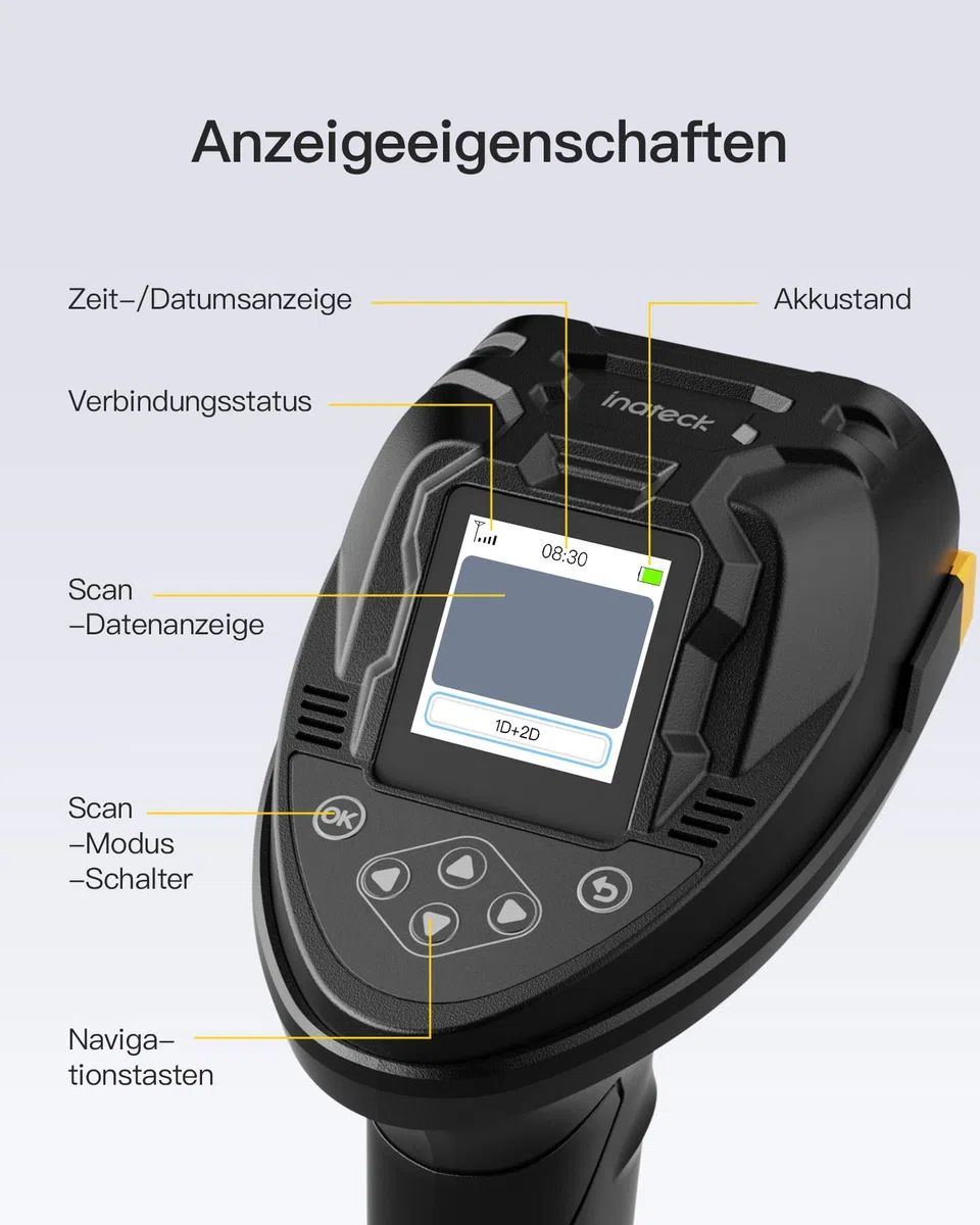 Inateck Barcode Scanner Bluetooth, 2D 1D Wireless Handheld Scanner, QR Code Scanner, mit Screen und Smart Base, CMOS CCD Dual Module, Größere Reichweite, Unterstützt App SDK, P8 SE