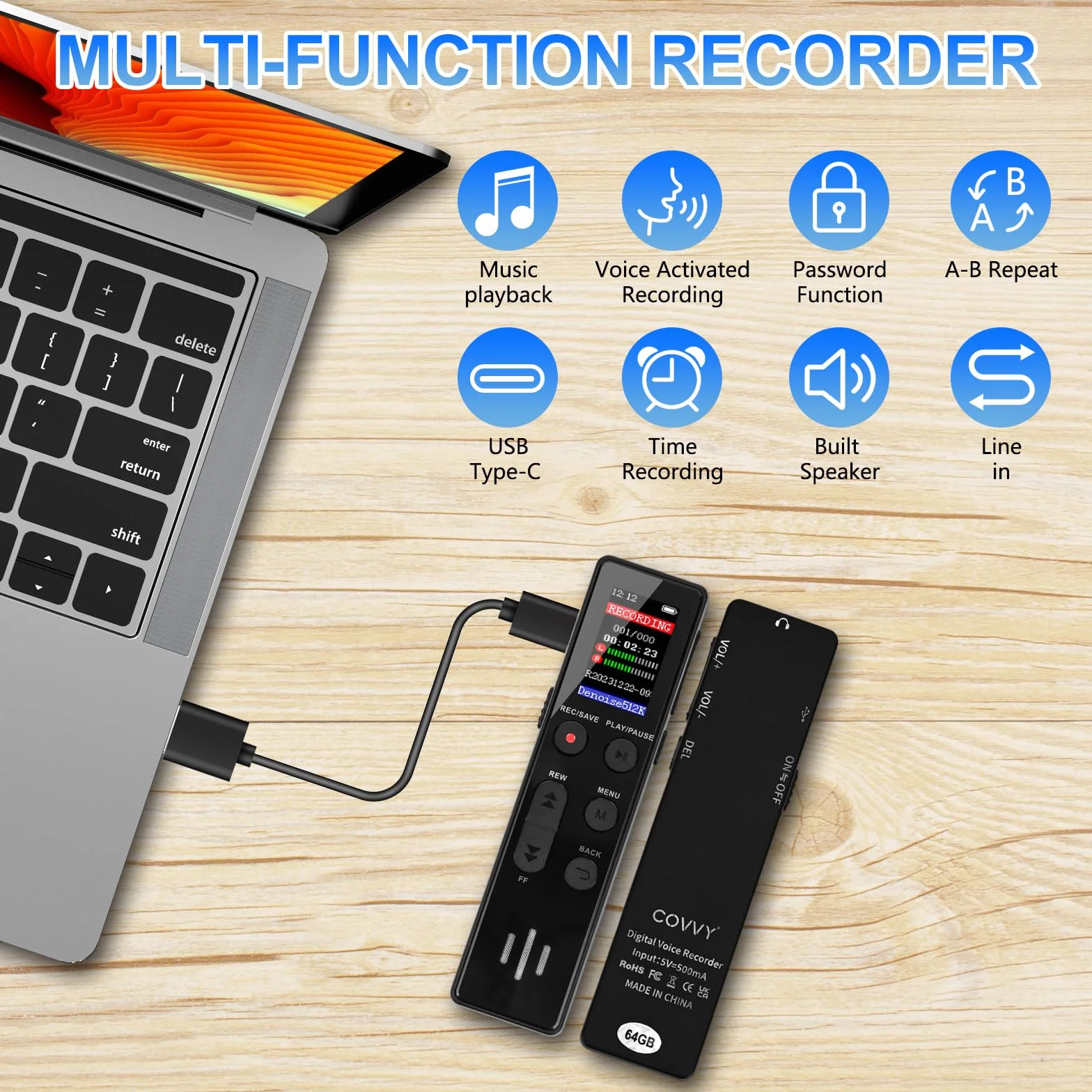 64 GB digitales Diktiergerät, COVVY Sprachaktivierter Rekorder, tragbarer Sound-Recorder mit Wiedergabe, Mini-HD-Aufnahmegeräte für Interview/Klasse/Meeting