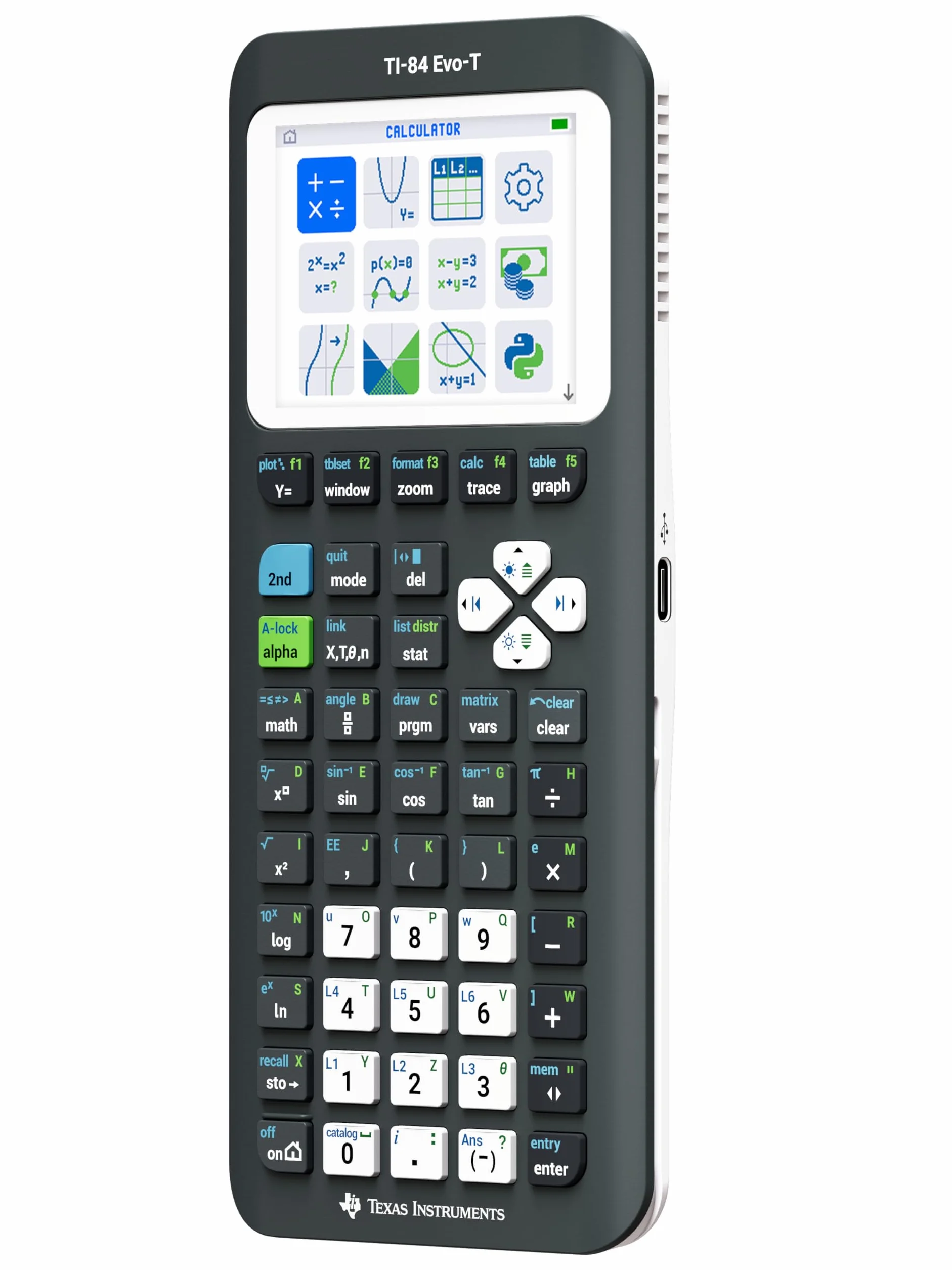 Texas Instruments TI-84 Evo-T Grafischer Taschenrechner, Python-Unterstützung, Wiederaufladbar, USB-C, Prüfungsmodus