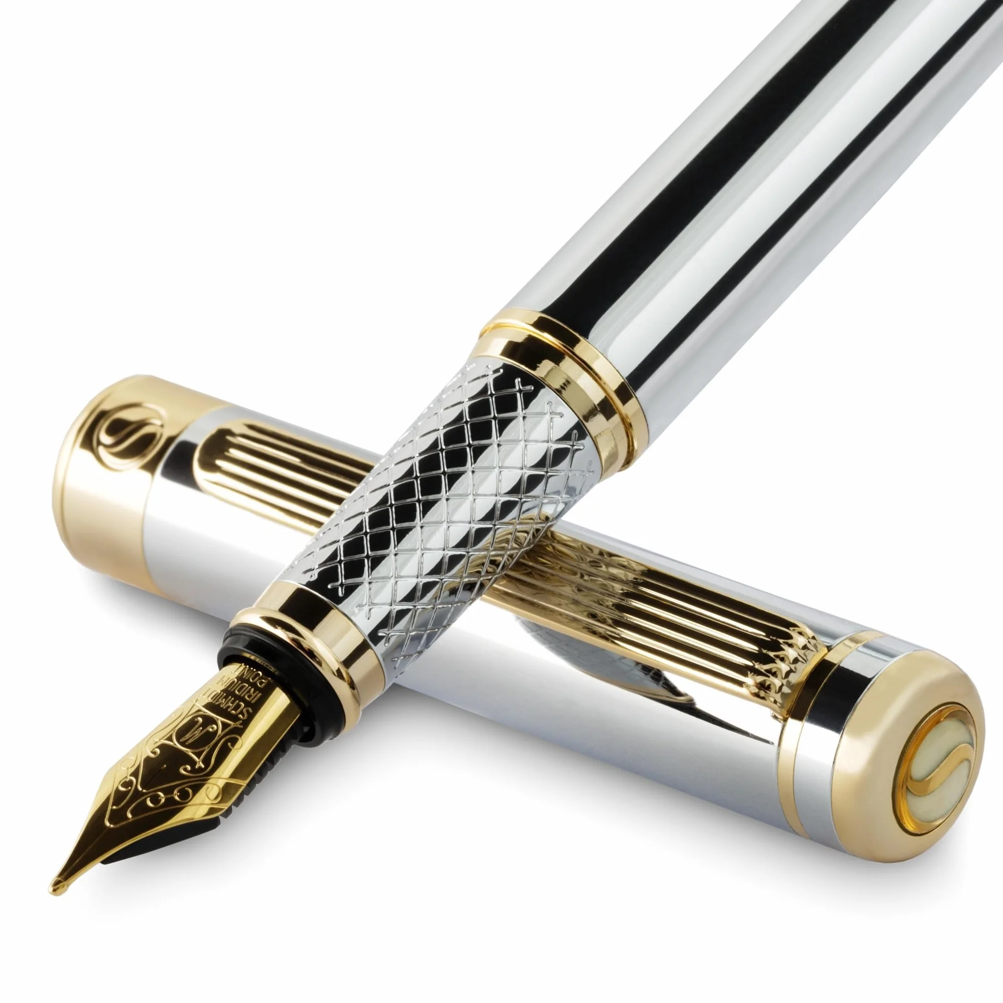 Scriveiner Silber Füllfederhalter Füller Edel mit Echtgold-Finish, Schmidt vergoldete Feder (mittel), Bestes Geschenk für Herren und Damen, Manager, Führungskräfte (Silber Chrom)