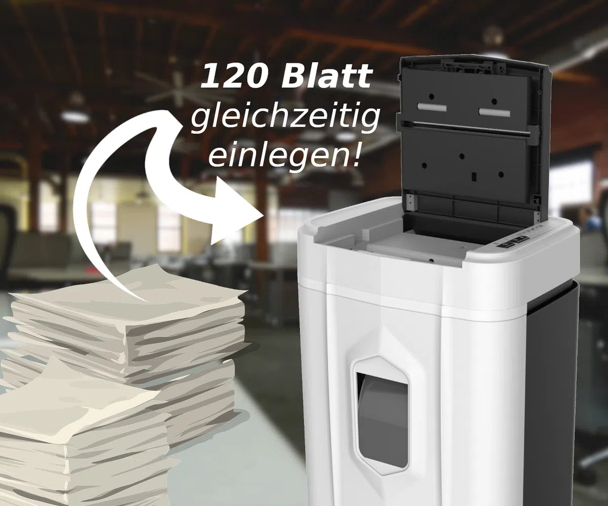Profi Auto-Feed Aktenvernichter 120 Blatt – P-4 Partikelschnitt nach DSGVO – 60 Min. Dauerbetrieb & Anti-Papierstau – 25L Behälter – Schreddert Kreditkarten & Büroklammern – Leiser Papierschredder
