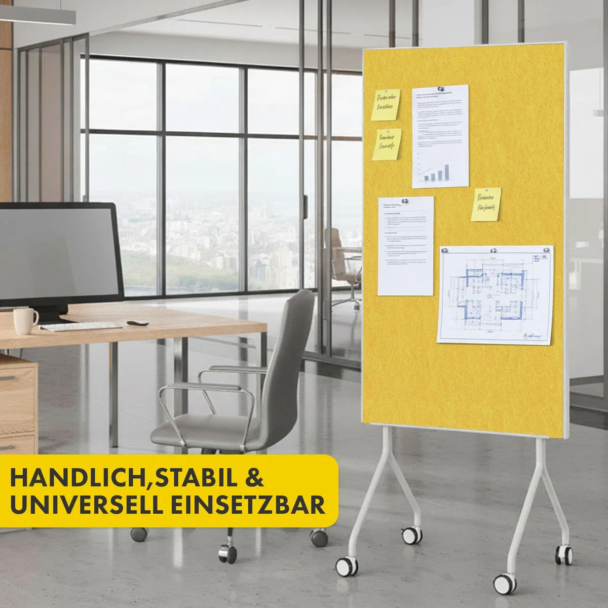 OfficeMarshal Moderationwand Doppelseitig 80 x 120 cm Präsentationstafel mit feststellbaren Rollen - Filztafel Pinnwand - Stabiler Metallrahmen - Giant (Gelb)