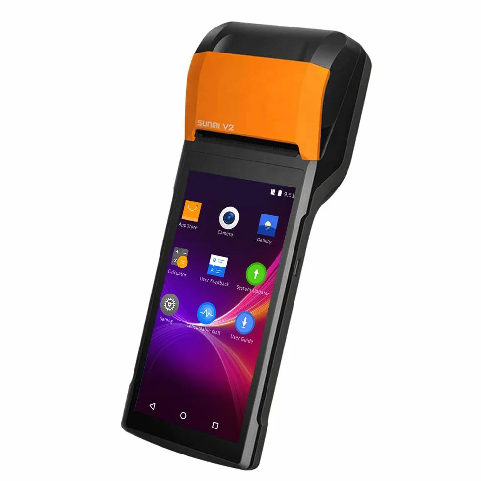 SUNMI V2 PDA Mobiles Zahlungsterminal mit integriertem Drucker, Android 7.1, Touchscreen, 4G, Bluetooth, WLAN, Orange