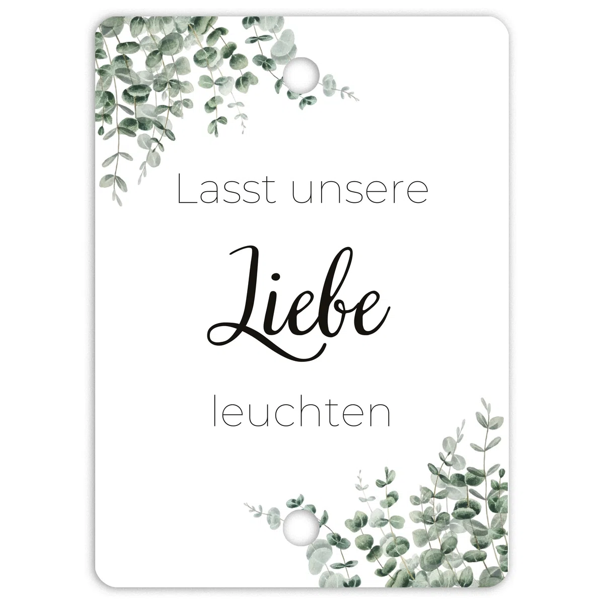 50x Lasst unsere Liebe leuchten Wunderkerzen Hochzeit Etiketten - Schöne, doppelt gelochte Kärtchen für Wunderkerzen und Knicklichter (Eukalyptus, 5 x 7 cm)
